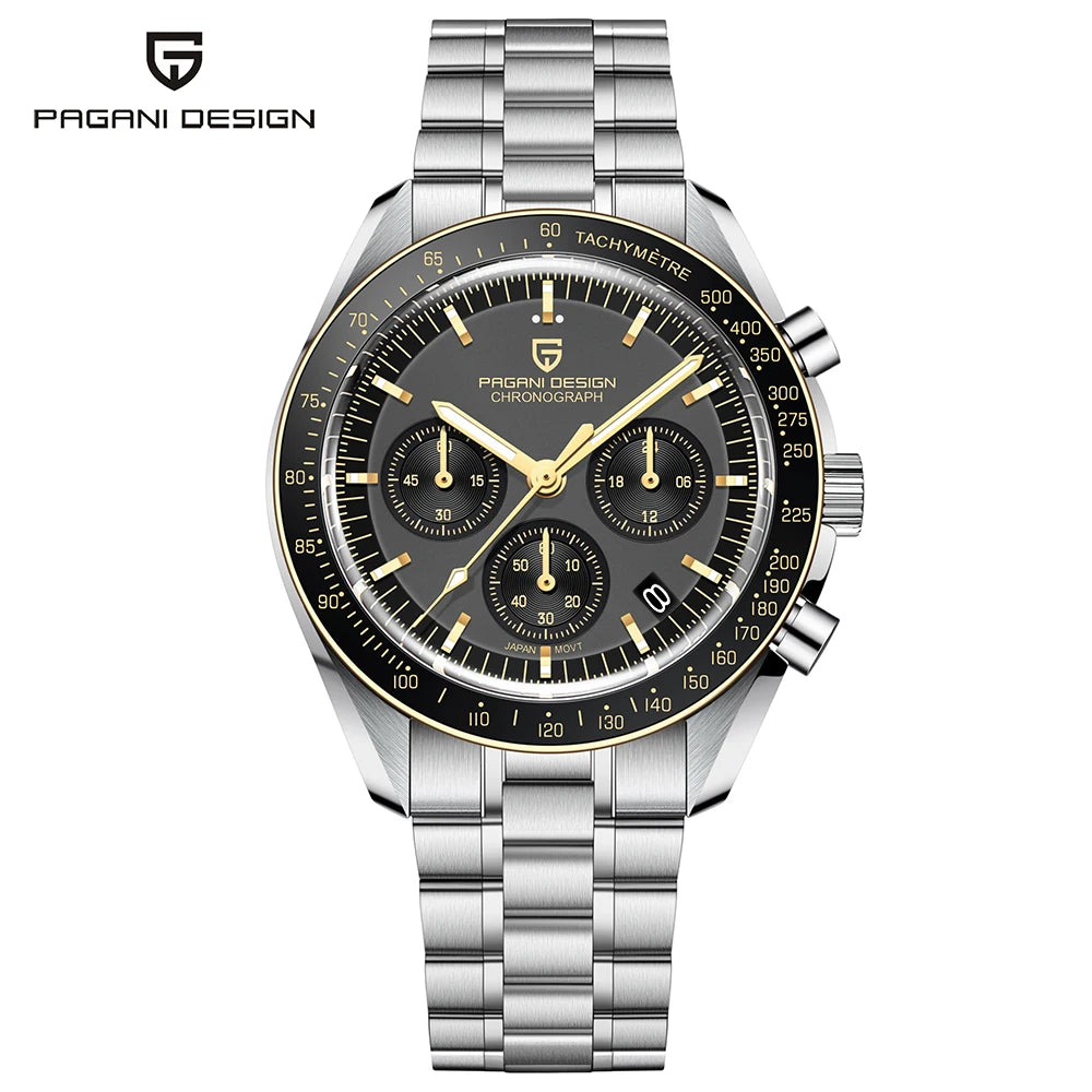 PAGANI DESIGN Men's Chronometer Quartz Watch Waterproof Luminous Red Sapphire Mirror Stainless Steel Band Fashion & Casual Wristwatch