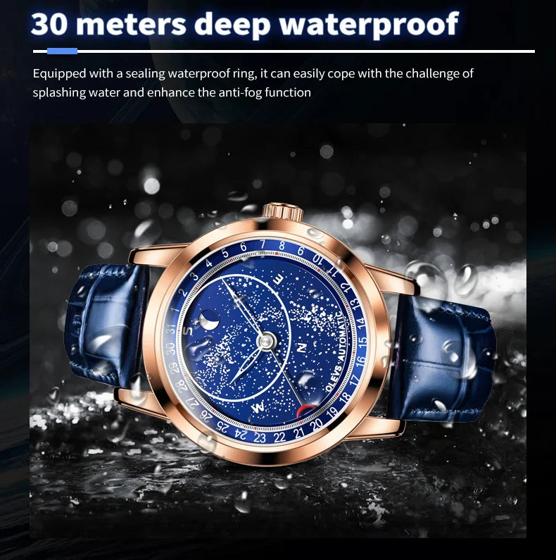 OLEVS 9923 Men's Casual Fashion Luxury Mechanical Watch Leather Strap Luminous High Quality Stainless Steel round Case Wristwatch
