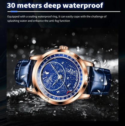 OLEVS 9923 Men's Casual Fashion Luxury Mechanical Watch Leather Strap Luminous High Quality Stainless Steel round Case Wristwatch