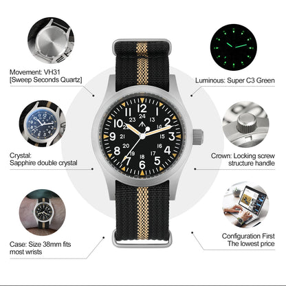 Militado ML05 38mm Military Field Watch - Sweep Quartz Movement Domed Sapphire Crystal 100M Waterproof Super Luminous Nylon Band Watch for Men
