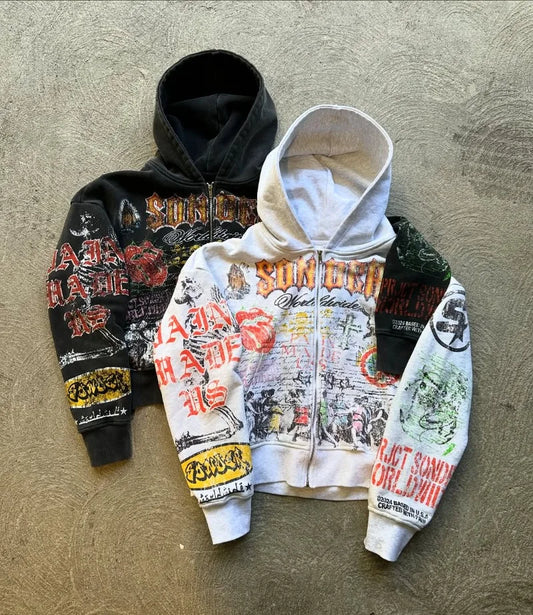 Y2k American Fashion Personality Versatile Anime Printed Zipper Hoodie Men