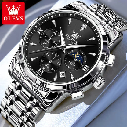 OLEVS 3639 Men's Luxury Quartz Watch Stainless Steel Luminous Moon Phase Waterproof Wristwatch with Push Button Hidden Clasp