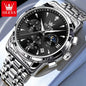 OLEVS 3639 Men's Luxury Quartz Watch Stainless Steel Luminous Moon Phase Waterproof Wristwatch with Push Button Hidden Clasp
