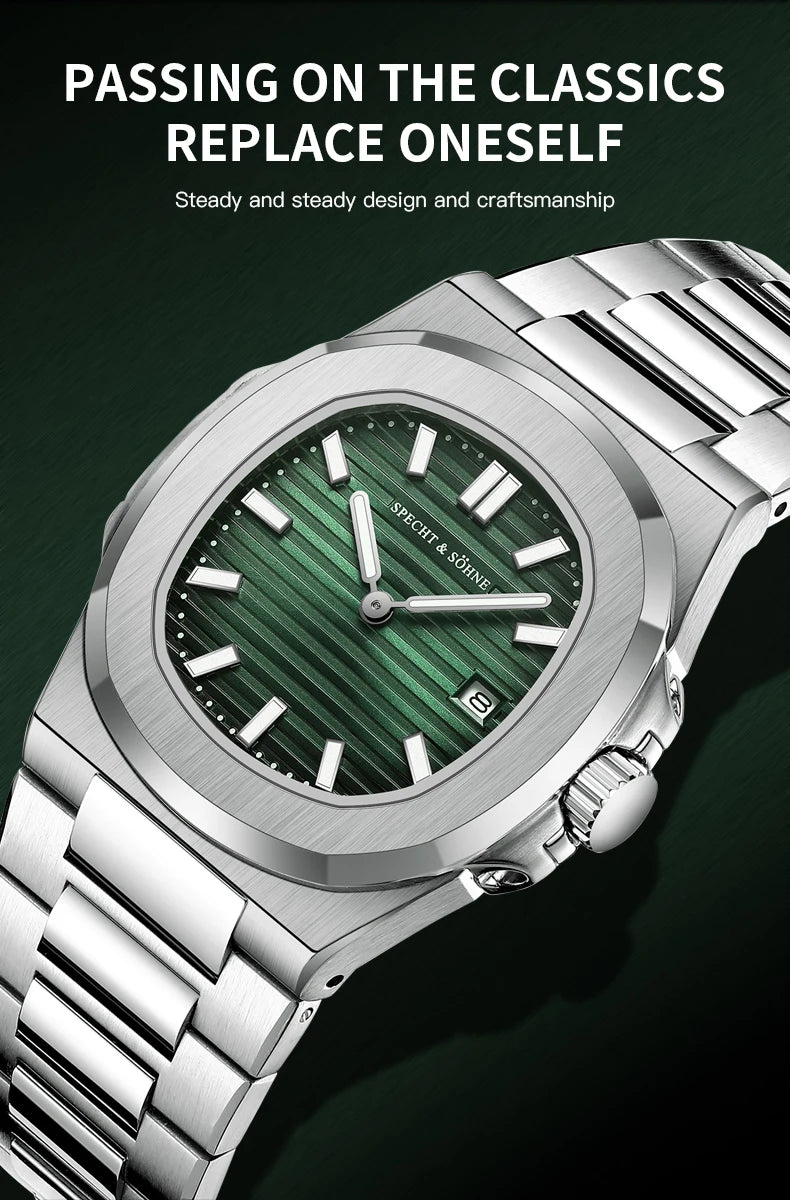 Specht & Söhne Classic 5711 Ultra Thin Men's Watch Green Sapphire Crystal 50M Water Resistant Stainless Steel Quartz Wristwatch