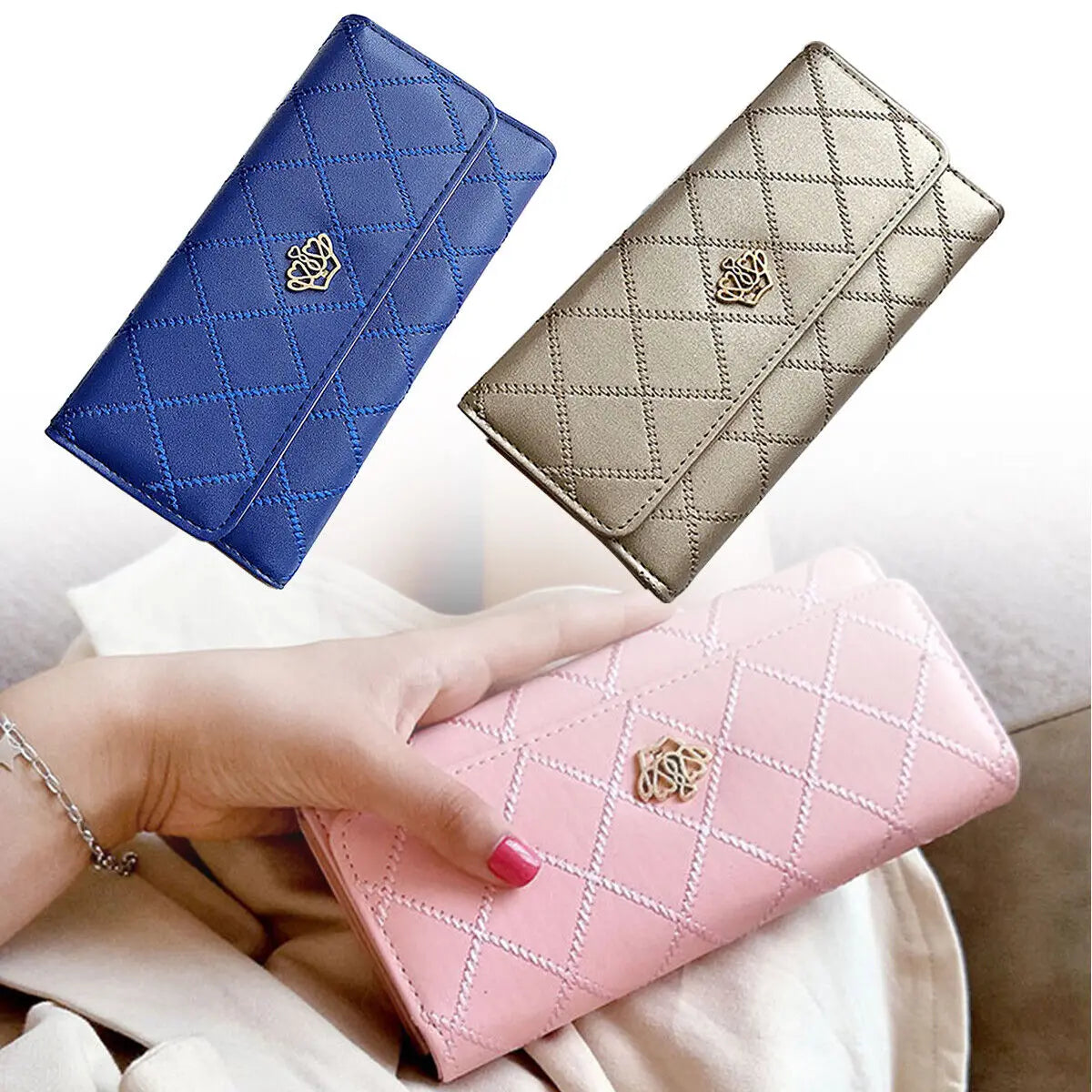 Black Long Wallets for Women PU Leather Diamond Pattern