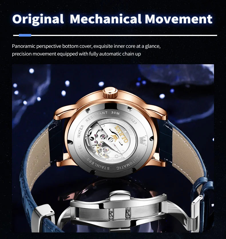 OLEVS 9923 Men's Casual Fashion Luxury Mechanical Watch Leather Strap Luminous High Quality Stainless Steel round Case Wristwatch