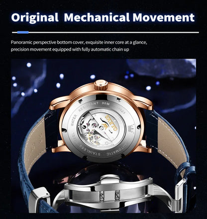 OLEVS 9923 Men's Casual Fashion Luxury Mechanical Watch Leather Strap Luminous High Quality Stainless Steel round Case Wristwatch