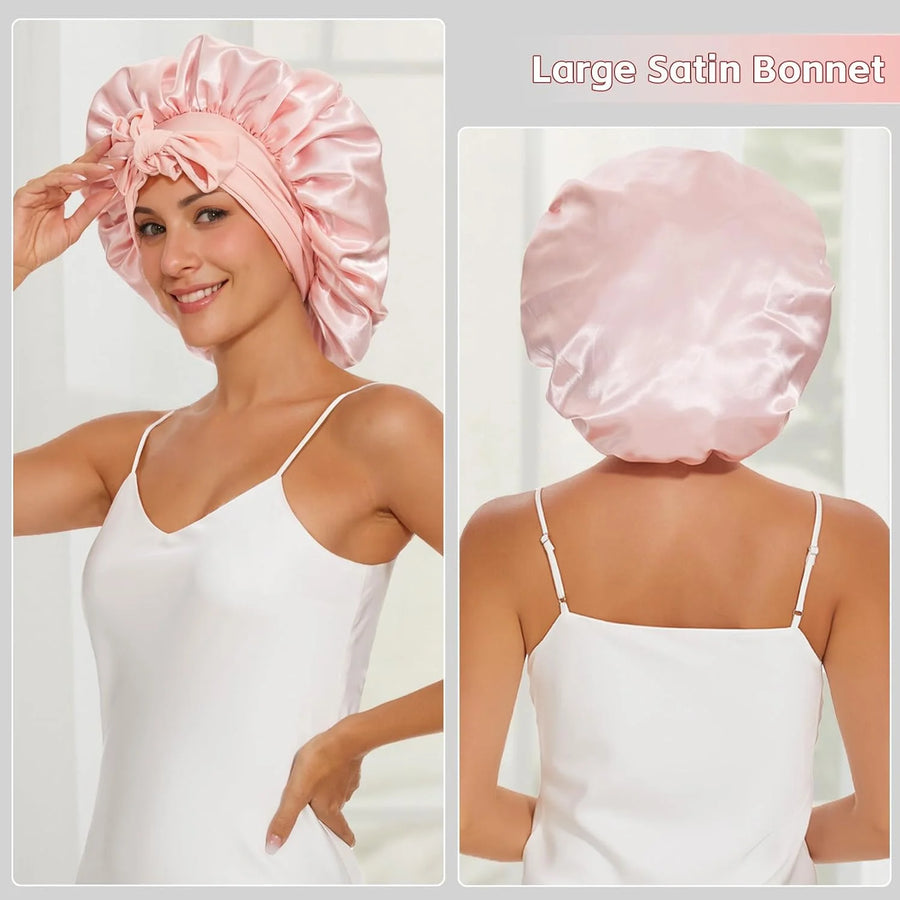 Bonnets With Tie Band (Pink+Black), Sleeping Cap For Women, Soft Hair Care Night Sleep Hats, Multi-Use Hair Bonnets F