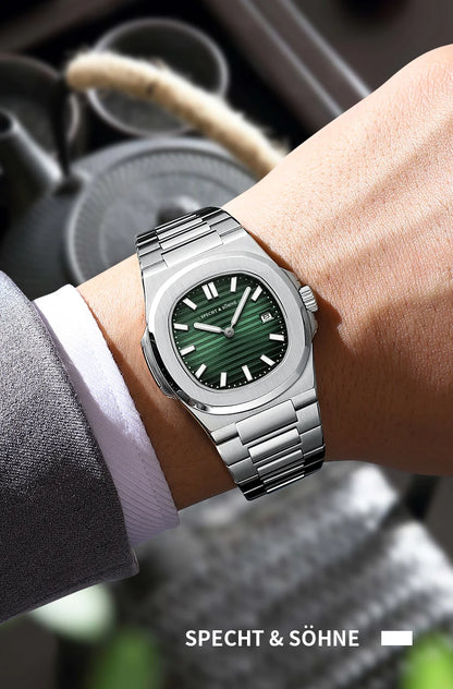 Specht & Söhne Classic 5711 Ultra Thin Men's Watch Green Sapphire Crystal 50M Water Resistant Stainless Steel Quartz Wristwatch