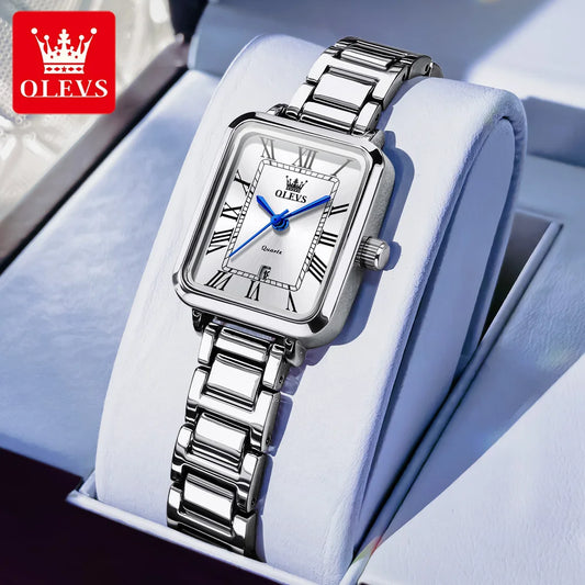 OLEVS Classic Square Women's Watch Roman Numerals Stainless Steel Band Quartz Movement Waterproof Casual Luxury Watch 5641