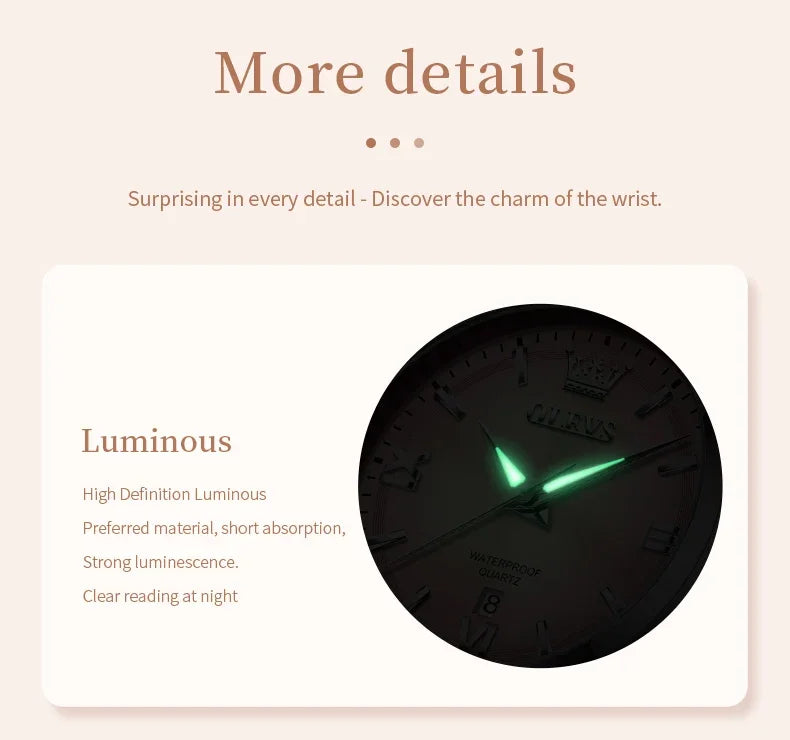 OLEVS 3668 Luxury Stainless Steel Quartz Watch for Women Waterproof Roman Numeral Date Display round Dial Push Button Hidden Clasp
