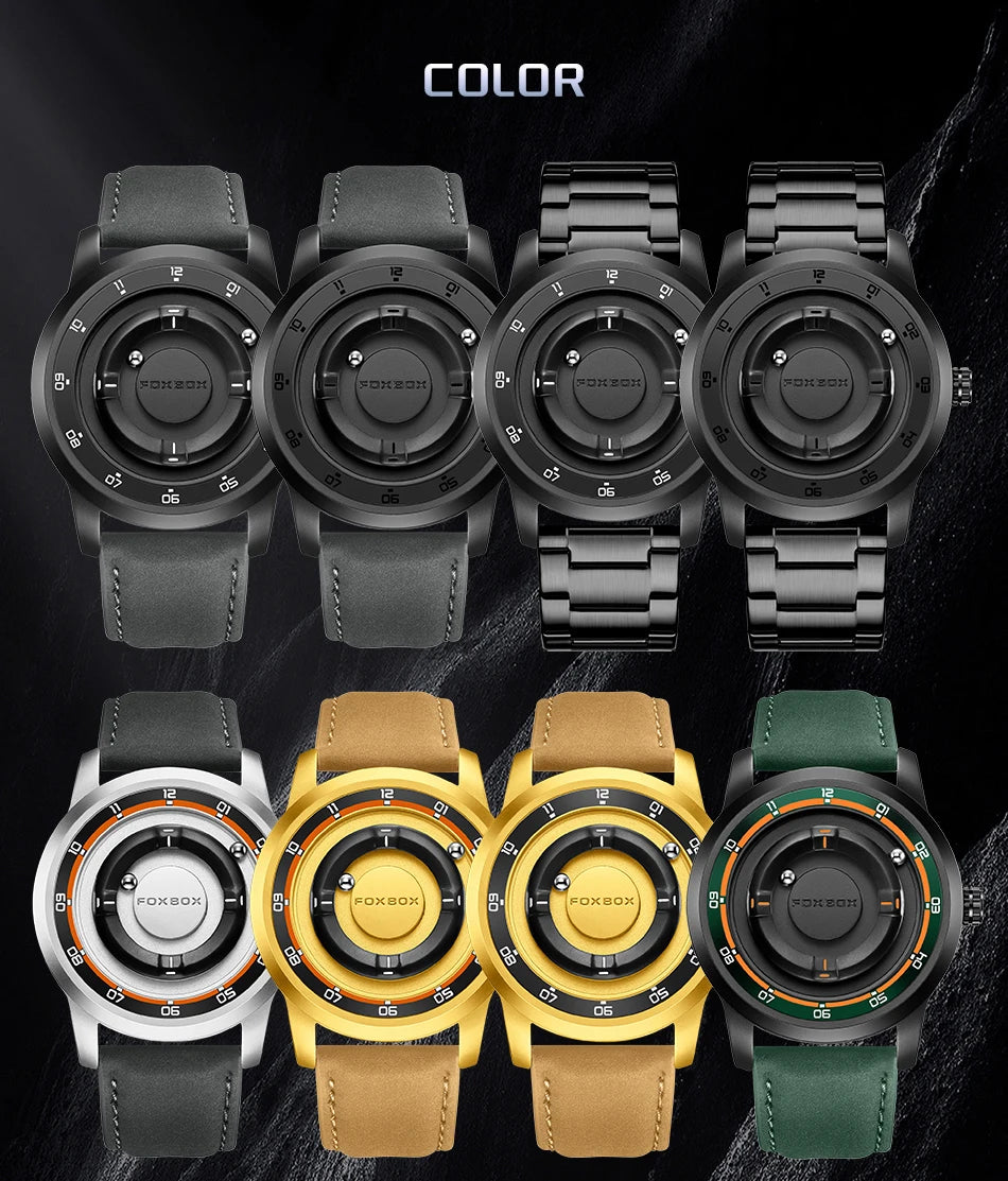 FOXBOX Watch Personalized Fashion Floating Magnetic Pointer Free Ball Bearing Creative Simple Waterproof Quartz Watch for Men