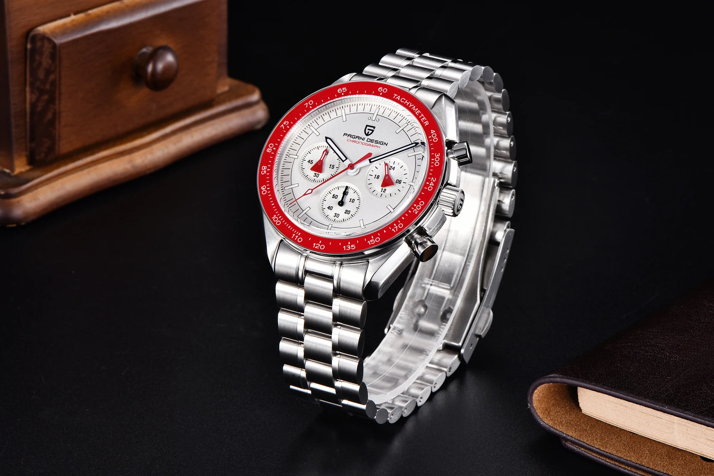 PAGANI DESIGN Men's Chronometer Quartz Watch Waterproof Luminous Red Sapphire Mirror Stainless Steel Band Fashion & Casual Wristwatch
