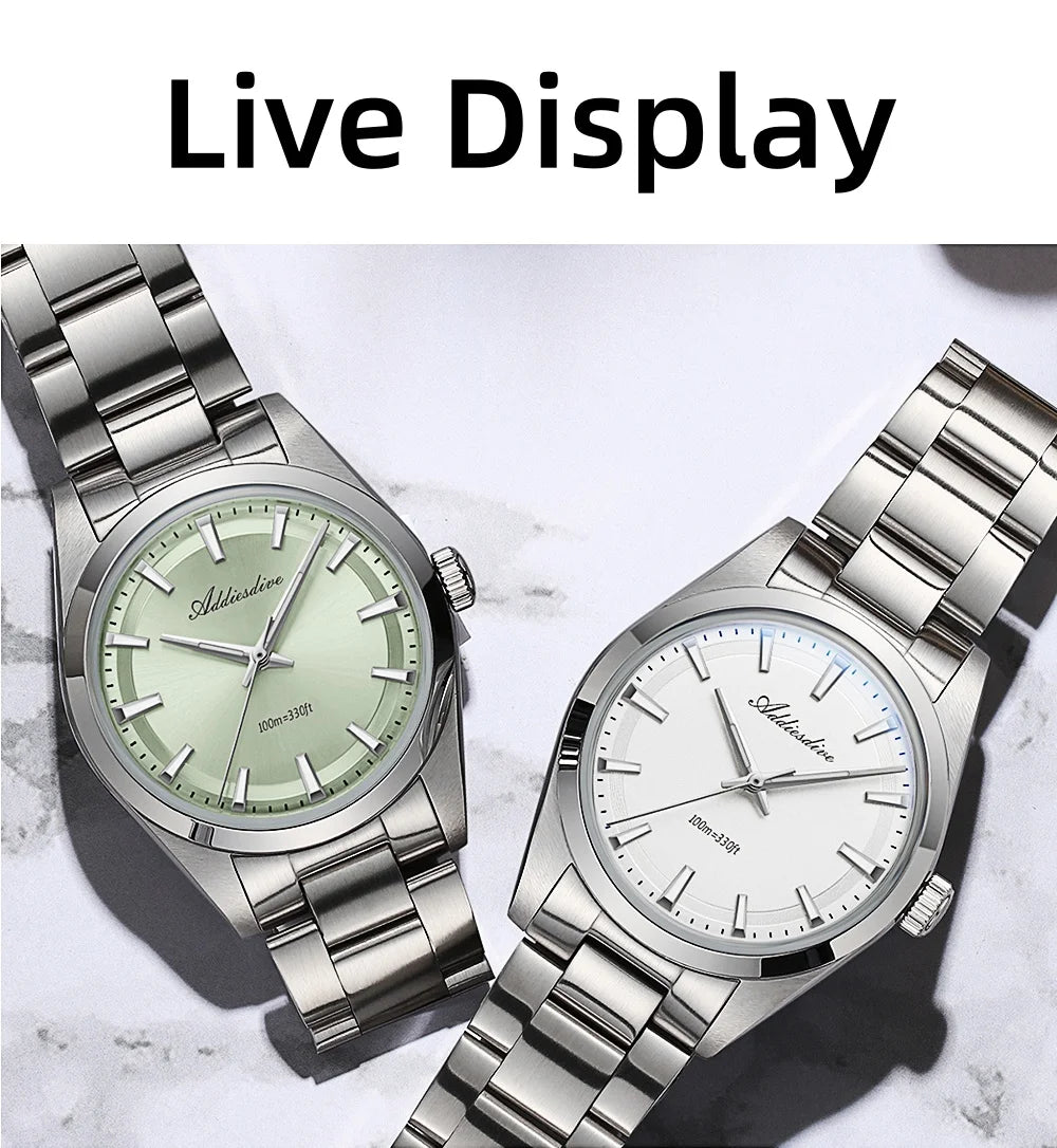 ADDIESDIVE Men's Dress Watch 36mm 10Bar Waterproof Stainless Steel BGW9 Super Luminous Quartz Movement with Bubble Mirror Glass