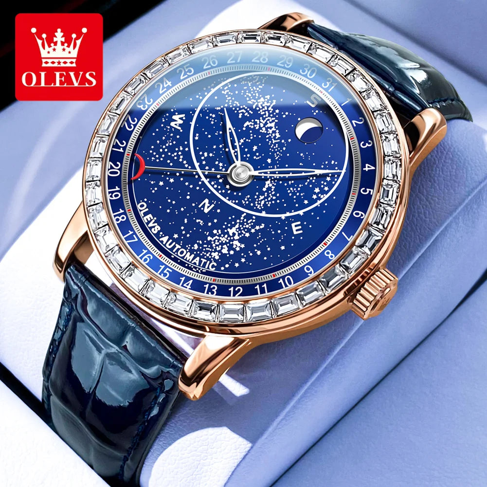 OLEVS 9923 Men's Casual Fashion Luxury Mechanical Watch Leather Strap Luminous High Quality Stainless Steel round Case Wristwatch