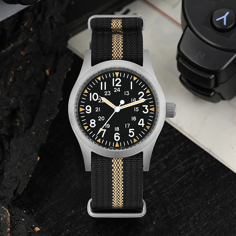 Militado ML05 38mm Military Field Watch - Sweep Quartz Movement Domed Sapphire Crystal 100M Waterproof Super Luminous Nylon Band Watch for Men