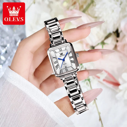 OLEVS Classic Square Women's Watch Roman Numerals Stainless Steel Band Quartz Movement Waterproof Casual Luxury Watch 5641