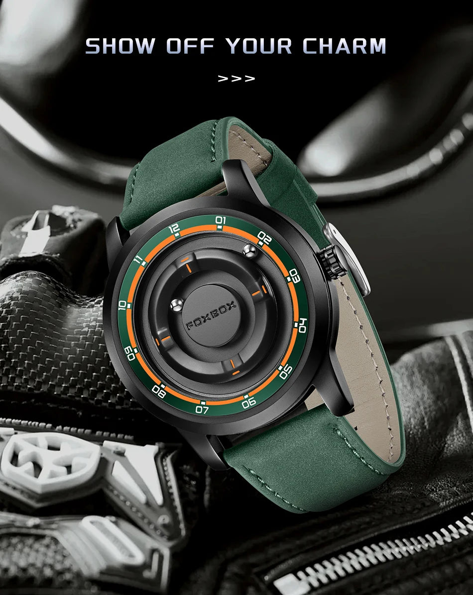 FOXBOX Watch Personalized Fashion Floating Magnetic Pointer Free Ball Bearing Creative Simple Waterproof Quartz Watch for Men