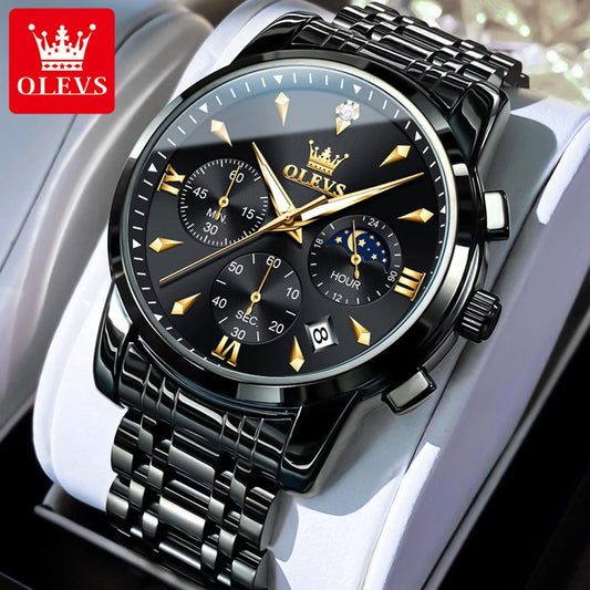 OLEVS 3639 Men's Luxury Quartz Watch Stainless Steel Luminous Moon Phase Waterproof Wristwatch with Push Button Hidden Clasp