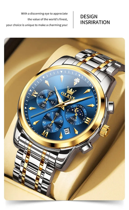 OLEVS 3639 Men's Luxury Quartz Watch Stainless Steel Luminous Moon Phase Waterproof Wristwatch with Push Button Hidden Clasp