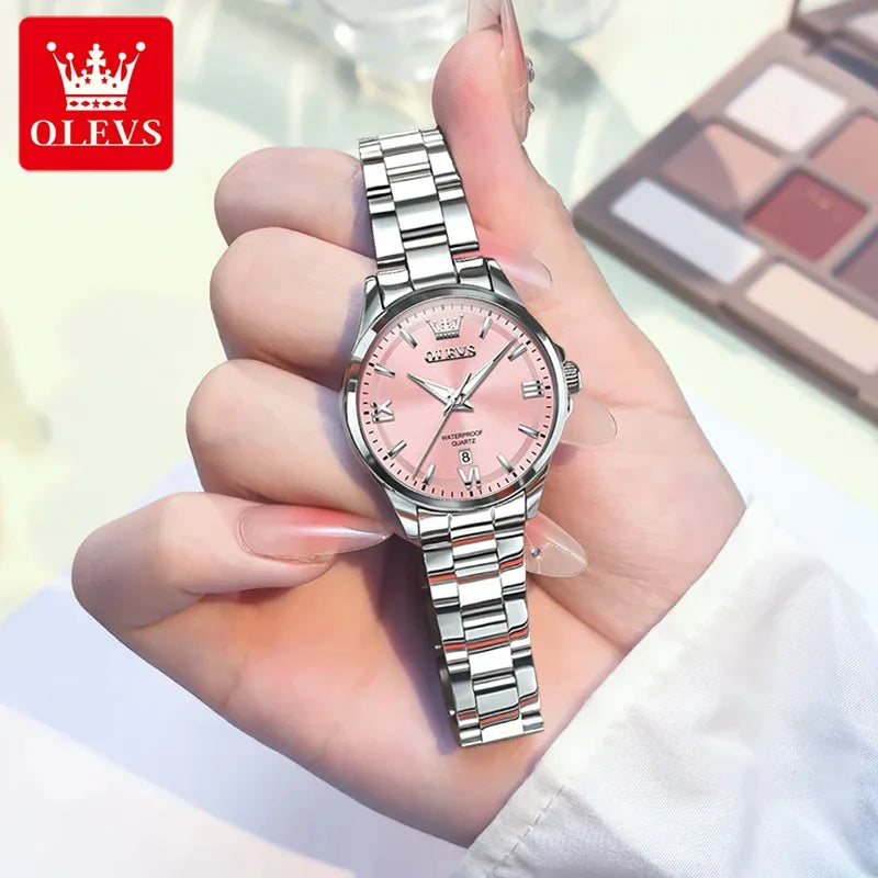 OLEVS 3668 Luxury Stainless Steel Quartz Watch for Women Waterproof Roman Numeral Date Display round Dial Push Button Hidden Clasp