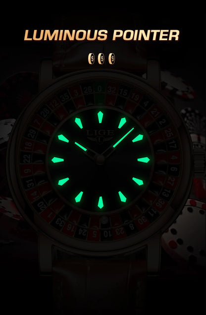 LIGE Fashion Brown Leather Men Watch Rotating Dial Las Vegas Roulette Desktop Theme Watch Men Waterproof Luminous Clock Watches