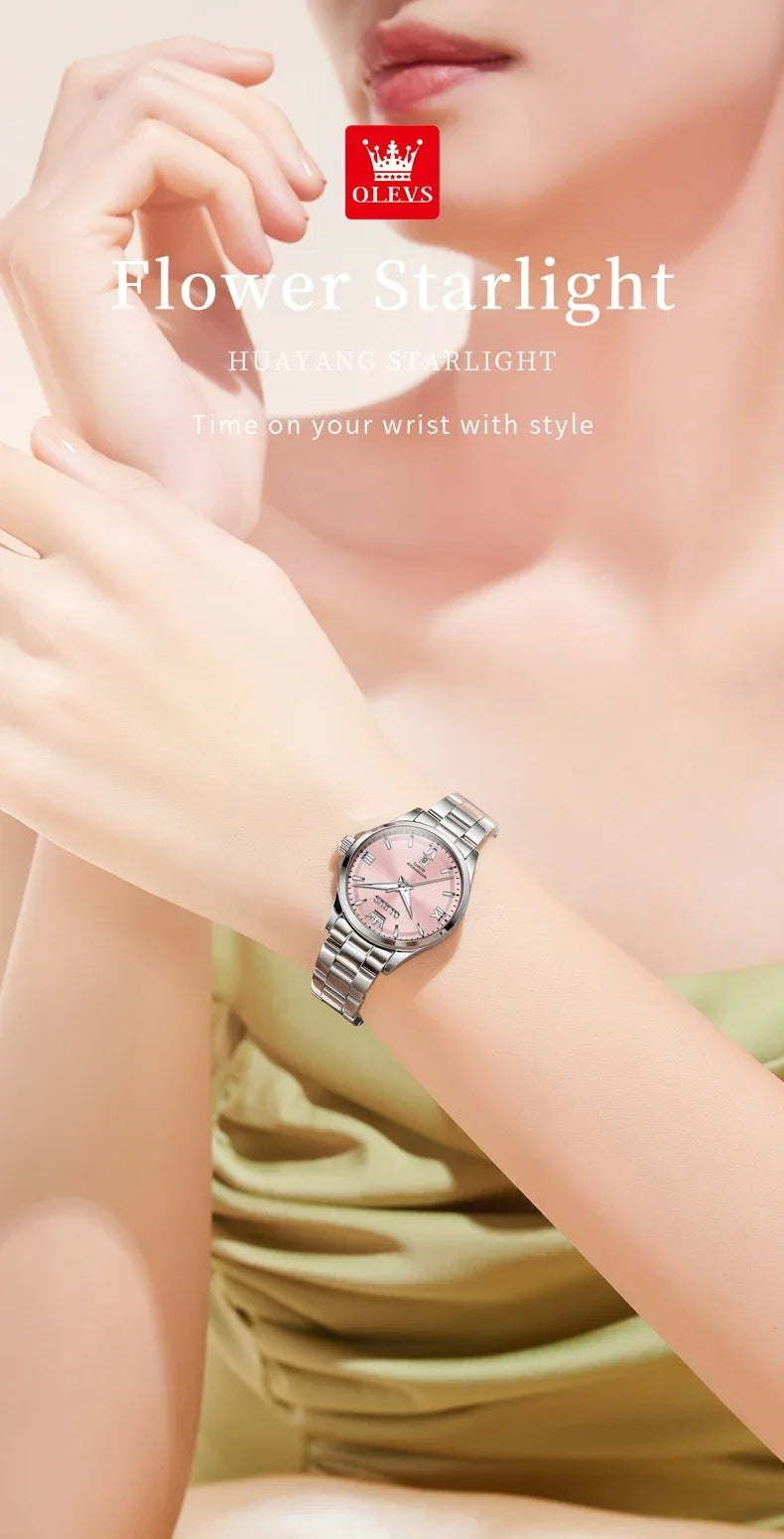 OLEVS 3668 Luxury Stainless Steel Quartz Watch for Women Waterproof Roman Numeral Date Display round Dial Push Button Hidden Clasp