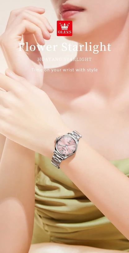 OLEVS 3668 Luxury Stainless Steel Quartz Watch for Women Waterproof Roman Numeral Date Display round Dial Push Button Hidden Clasp