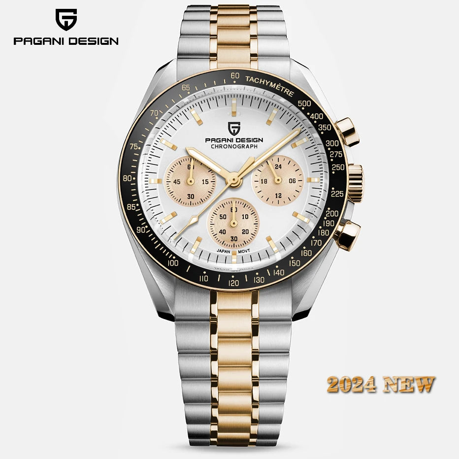 PAGANI DESIGN Men's Chronometer Quartz Watch Waterproof Luminous Red Sapphire Mirror Stainless Steel Band Fashion & Casual Wristwatch