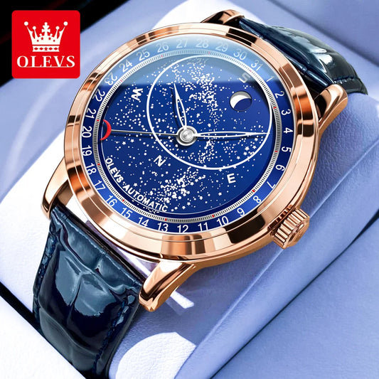 OLEVS 9923 Men's Casual Fashion Luxury Mechanical Watch Leather Strap Luminous High Quality Stainless Steel round Case Wristwatch