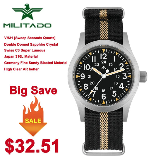 Militado ML05 38mm Military Field Watch - Sweep Quartz Movement Domed Sapphire Crystal 100M Waterproof Super Luminous Nylon Band Watch for Men