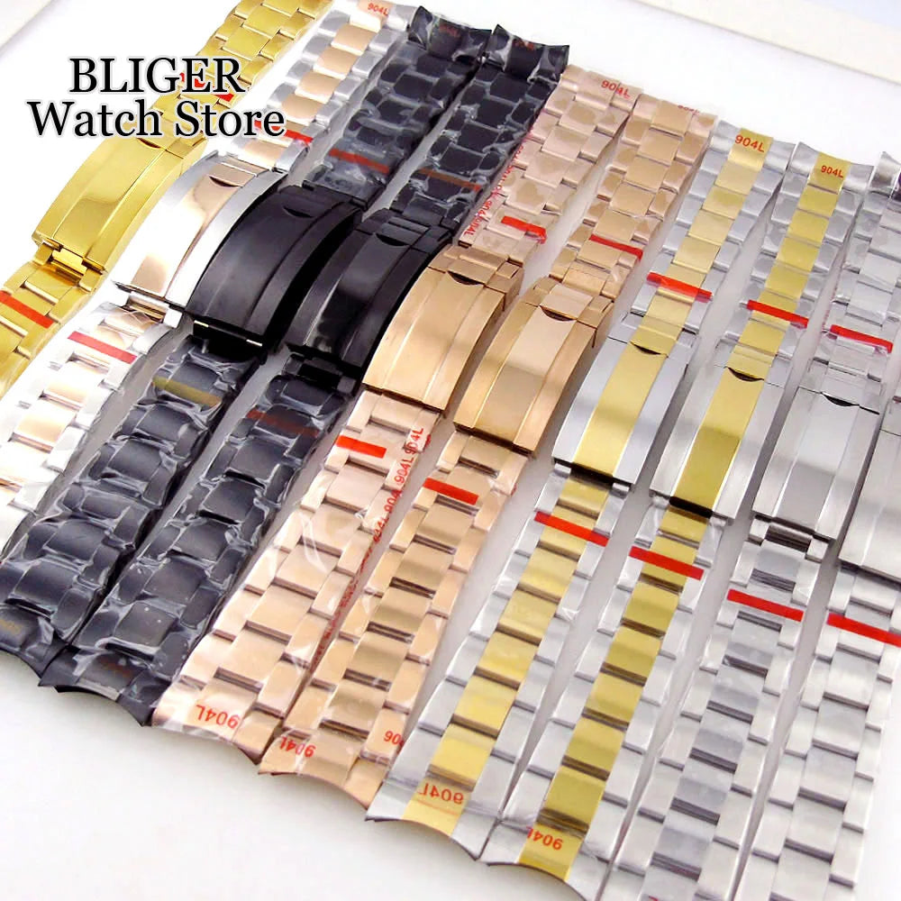 BLIGER Silver Black 20mm Width Stainless Steel Jubilee Watch Strap Bracelet Two Tone Gold/Rose Gold Glide Lock Clasp