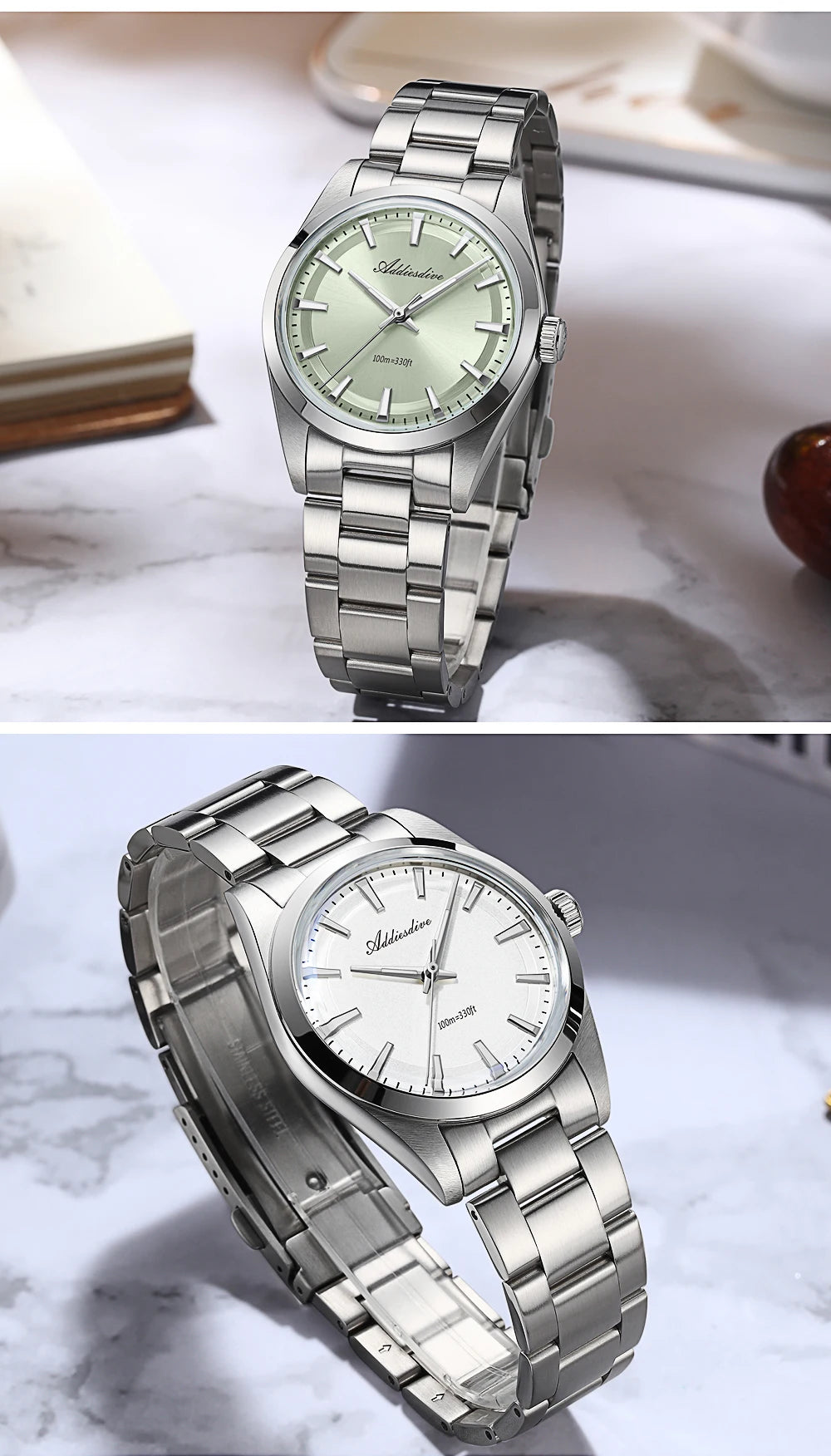 ADDIESDIVE Men's Dress Watch 36mm 10Bar Waterproof Stainless Steel BGW9 Super Luminous Quartz Movement with Bubble Mirror Glass