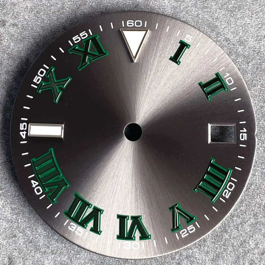 29mm Sunburst Gray Watch Dial fit NH35 NH35A NH36A Green Roman Numerals Index Hand Set Watch Parts Accessories New