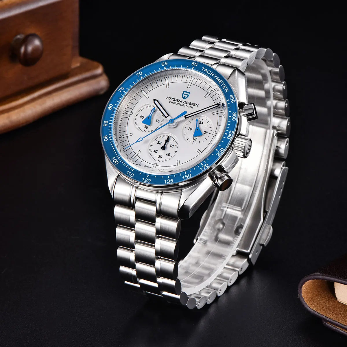 PAGANI DESIGN Men's Chronometer Quartz Watch Waterproof Luminous Red Sapphire Mirror Stainless Steel Band Fashion & Casual Wristwatch