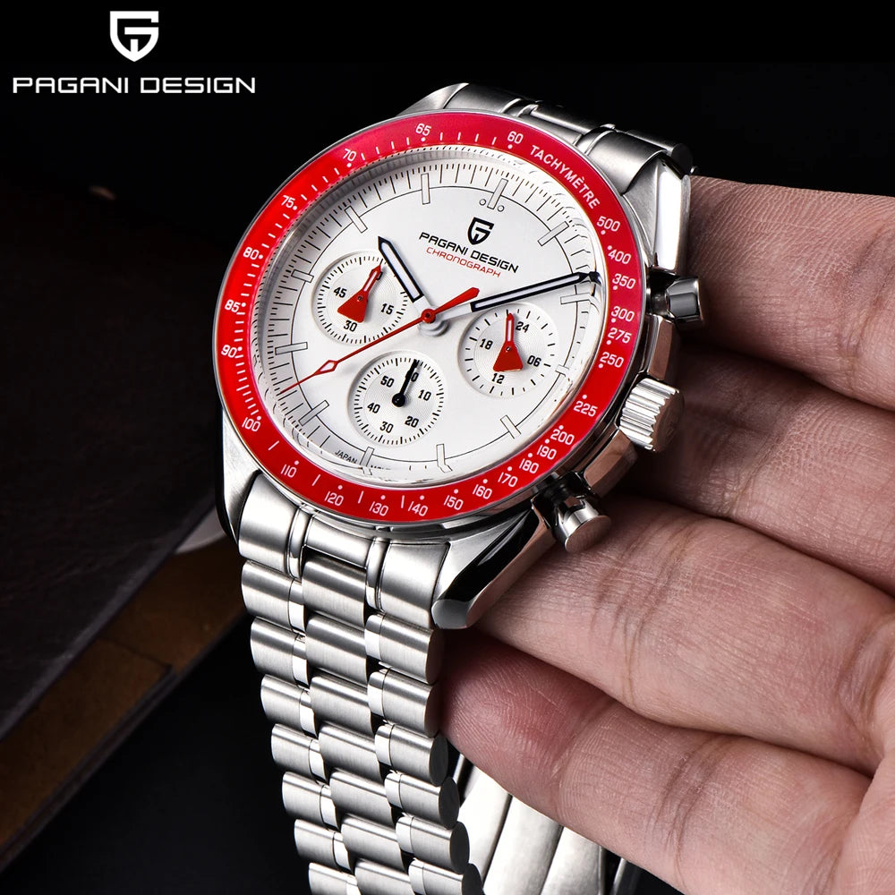 PAGANI DESIGN Men's Chronometer Quartz Watch Waterproof Luminous Red Sapphire Mirror Stainless Steel Band Fashion & Casual Wristwatch