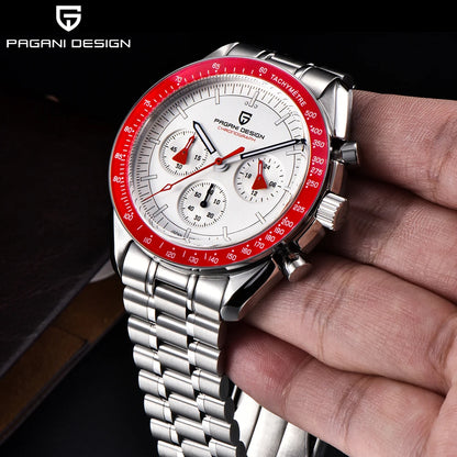 PAGANI DESIGN Men's Chronometer Quartz Watch Waterproof Luminous Red Sapphire Mirror Stainless Steel Band Fashion & Casual Wristwatch