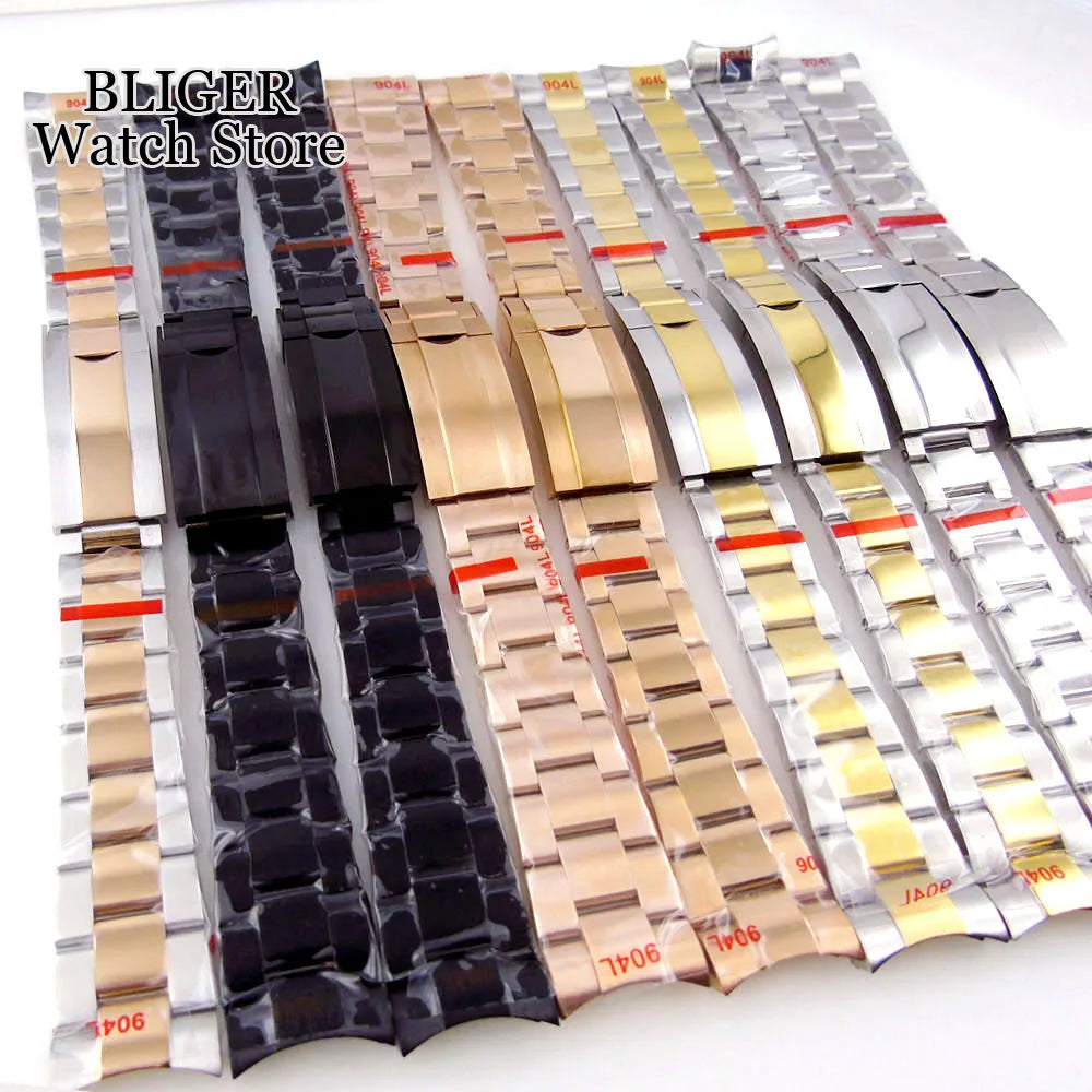 BLIGER Silver Black 20mm Width Stainless Steel Jubilee Watch Strap Bracelet Two Tone Gold/Rose Gold Glide Lock Clasp