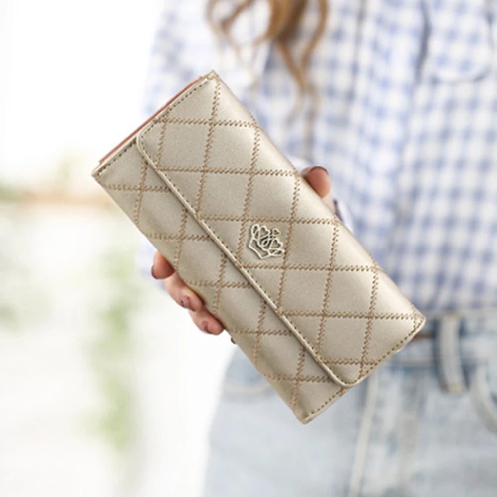 Black Long Wallets for Women PU Leather Diamond Pattern