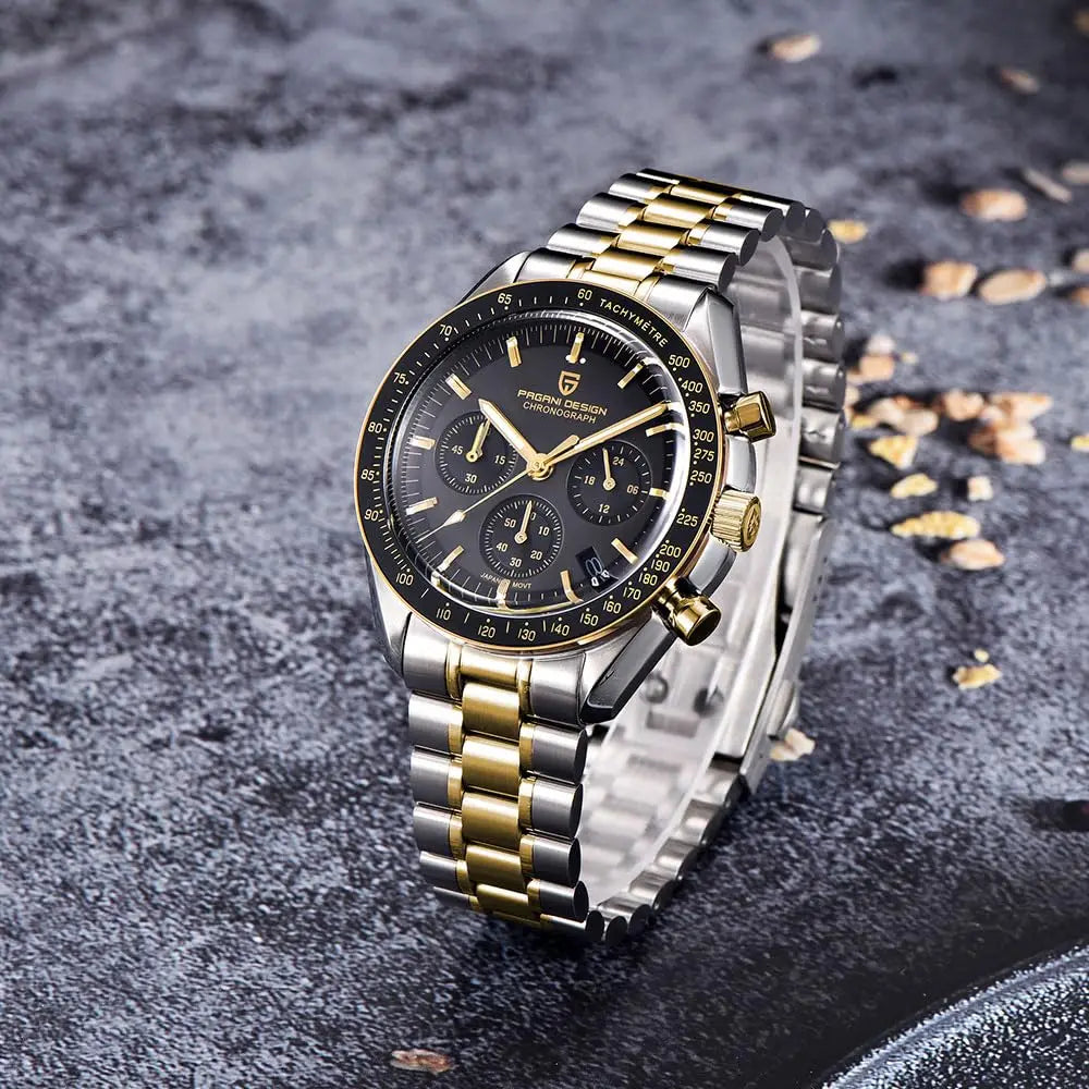 PAGANI DESIGN Men's Chronometer Quartz Watch Waterproof Luminous Red Sapphire Mirror Stainless Steel Band Fashion & Casual Wristwatch