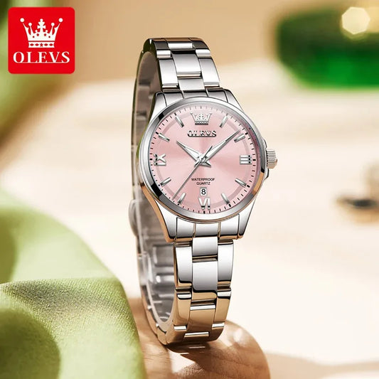 OLEVS 3668 Luxury Stainless Steel Quartz Watch for Women Waterproof Roman Numeral Date Display round Dial Push Button Hidden Clasp
