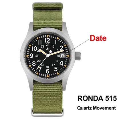 Militado ML05 38mm Military Field Watch - Sweep Quartz Movement Domed Sapphire Crystal 100M Waterproof Super Luminous Nylon Band Watch for Men