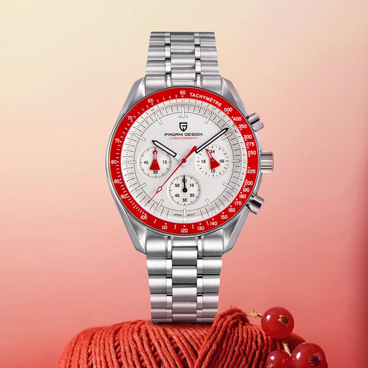PAGANI DESIGN Men's Chronometer Quartz Watch Waterproof Luminous Red Sapphire Mirror Stainless Steel Band Fashion & Casual Wristwatch