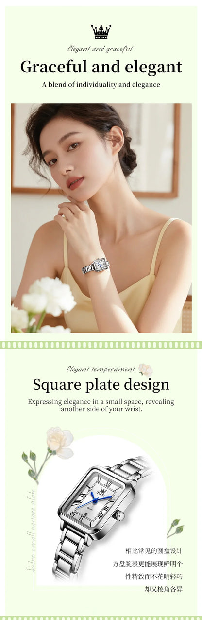 OLEVS Classic Square Women's Watch Roman Numerals Stainless Steel Band Quartz Movement Waterproof Casual Luxury Watch 5641