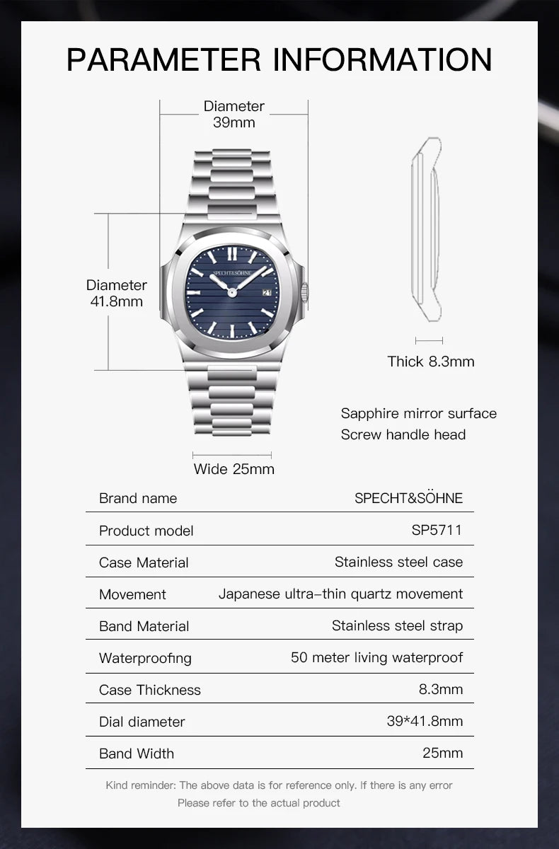 Specht & Söhne Classic 5711 Ultra Thin Men's Watch Green Sapphire Crystal 50M Water Resistant Stainless Steel Quartz Wristwatch