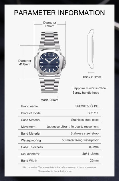 Specht & Söhne Classic 5711 Ultra Thin Men's Watch Green Sapphire Crystal 50M Water Resistant Stainless Steel Quartz Wristwatch