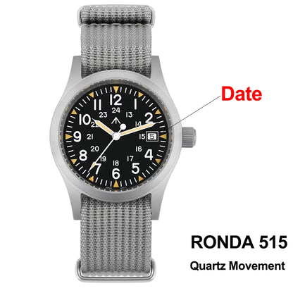 Militado ML05 38mm Military Field Watch - Sweep Quartz Movement Domed Sapphire Crystal 100M Waterproof Super Luminous Nylon Band Watch for Men