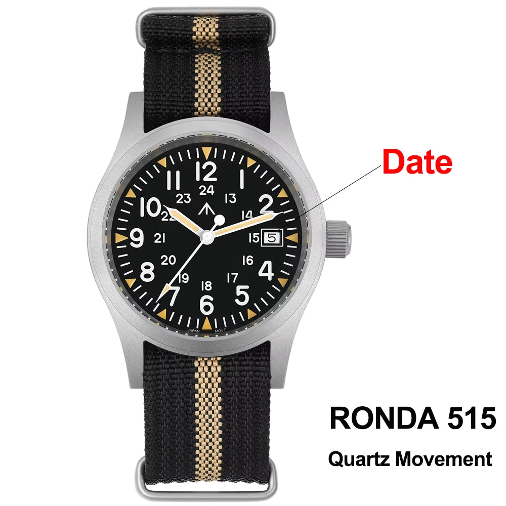Militado ML05 38mm Military Field Watch - Sweep Quartz Movement Domed Sapphire Crystal 100M Waterproof Super Luminous Nylon Band Watch for Men