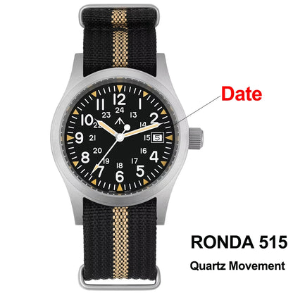 Militado ML05 38mm Military Field Watch - Sweep Quartz Movement Domed Sapphire Crystal 100M Waterproof Super Luminous Nylon Band Watch for Men