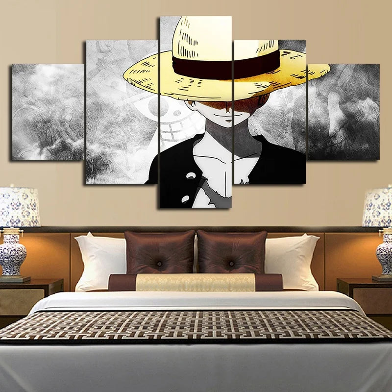 5 Piece HD Wall Art Anime Poster Picture One Piece Monkey D. Luffy Poster Wall Painting for Home Decor Canvas Painting Gift